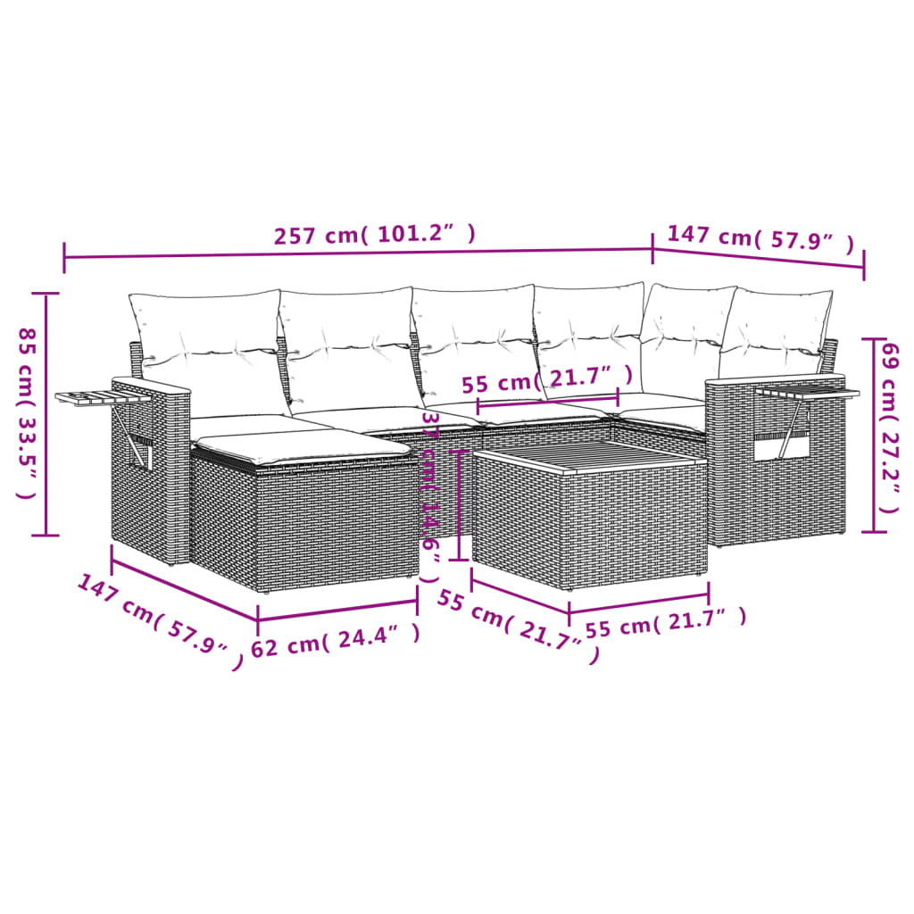 Set Divani da Giardino 7 pz con Cuscini Beige in Polyrattan
