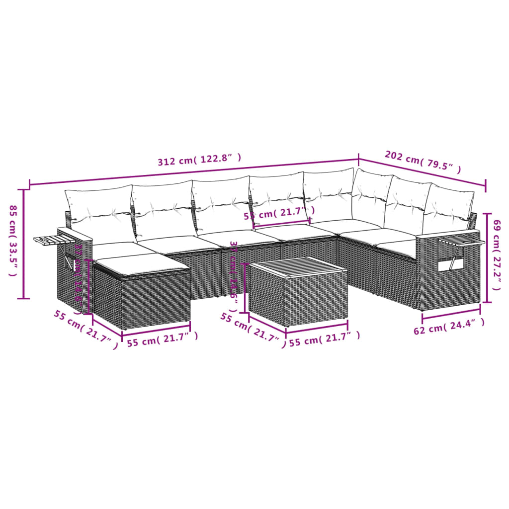 Set Divani da Giardino 9 pz con Cuscini Nero in Polyrattan | homemem39