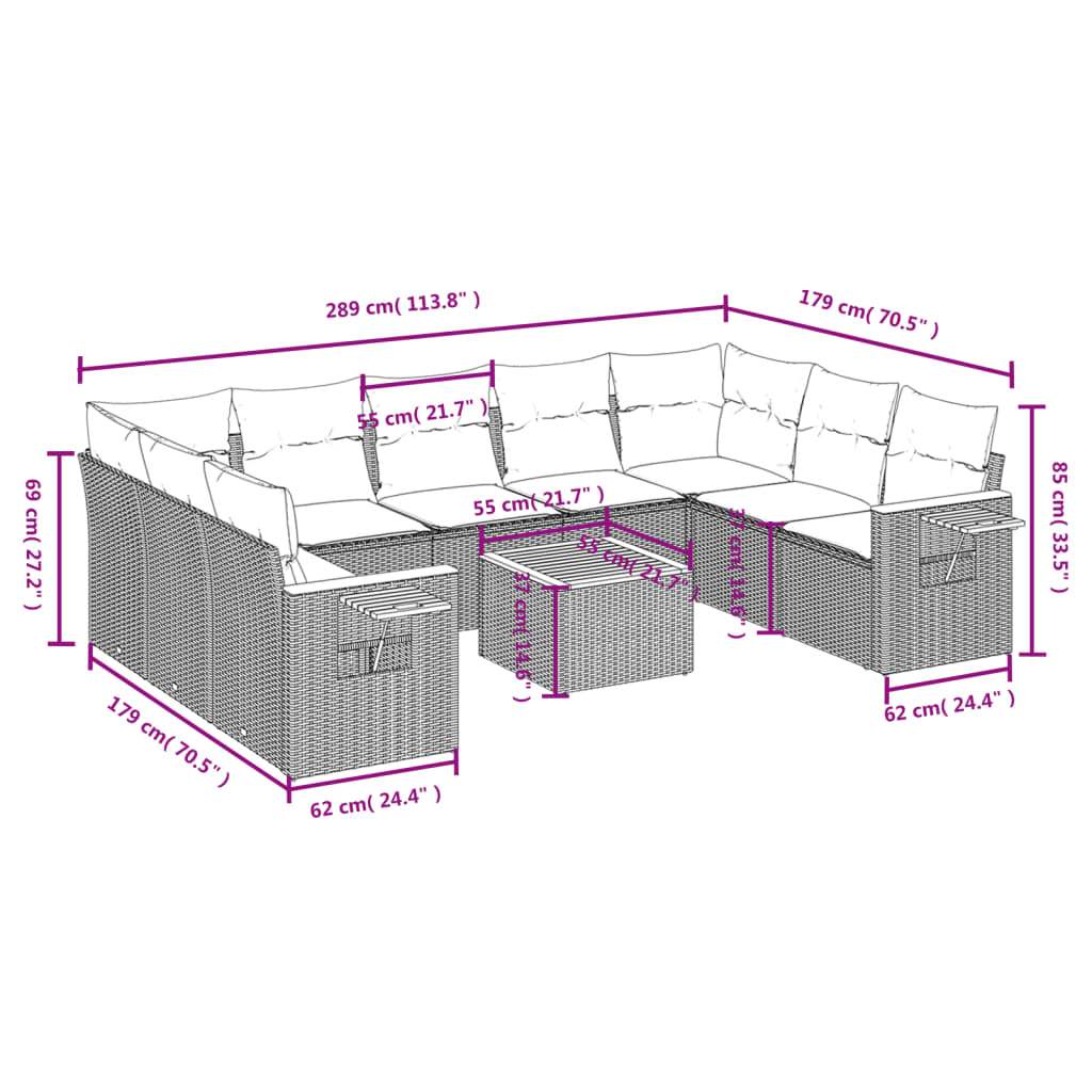 Set Divani da Giardino 10pz con Cuscini in Polyrattan Nero | homemem39