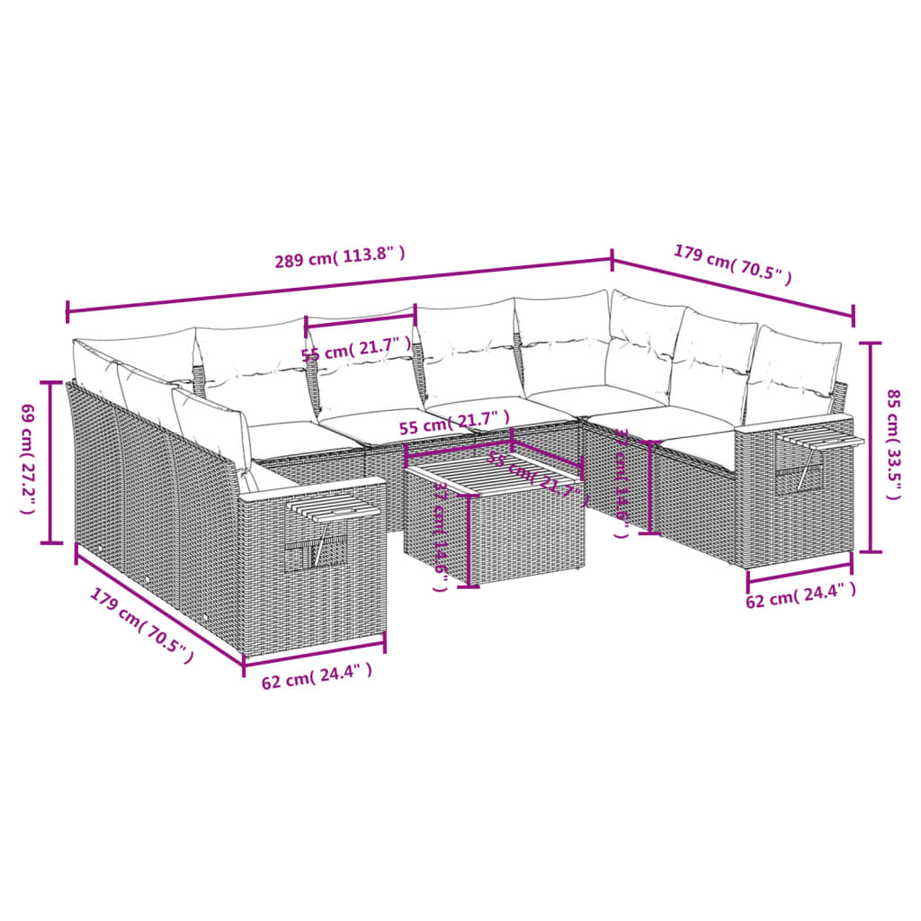 Set Divano da Giardino 10 pz con Cuscini Beige in Polyrattan