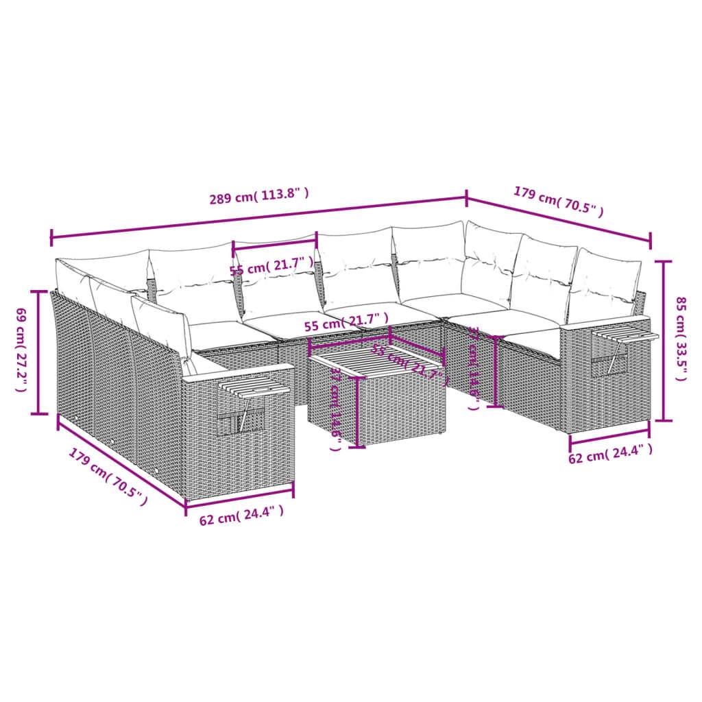 Set Divano da Giardino 10 pz con Cuscini Beige in Polyrattan