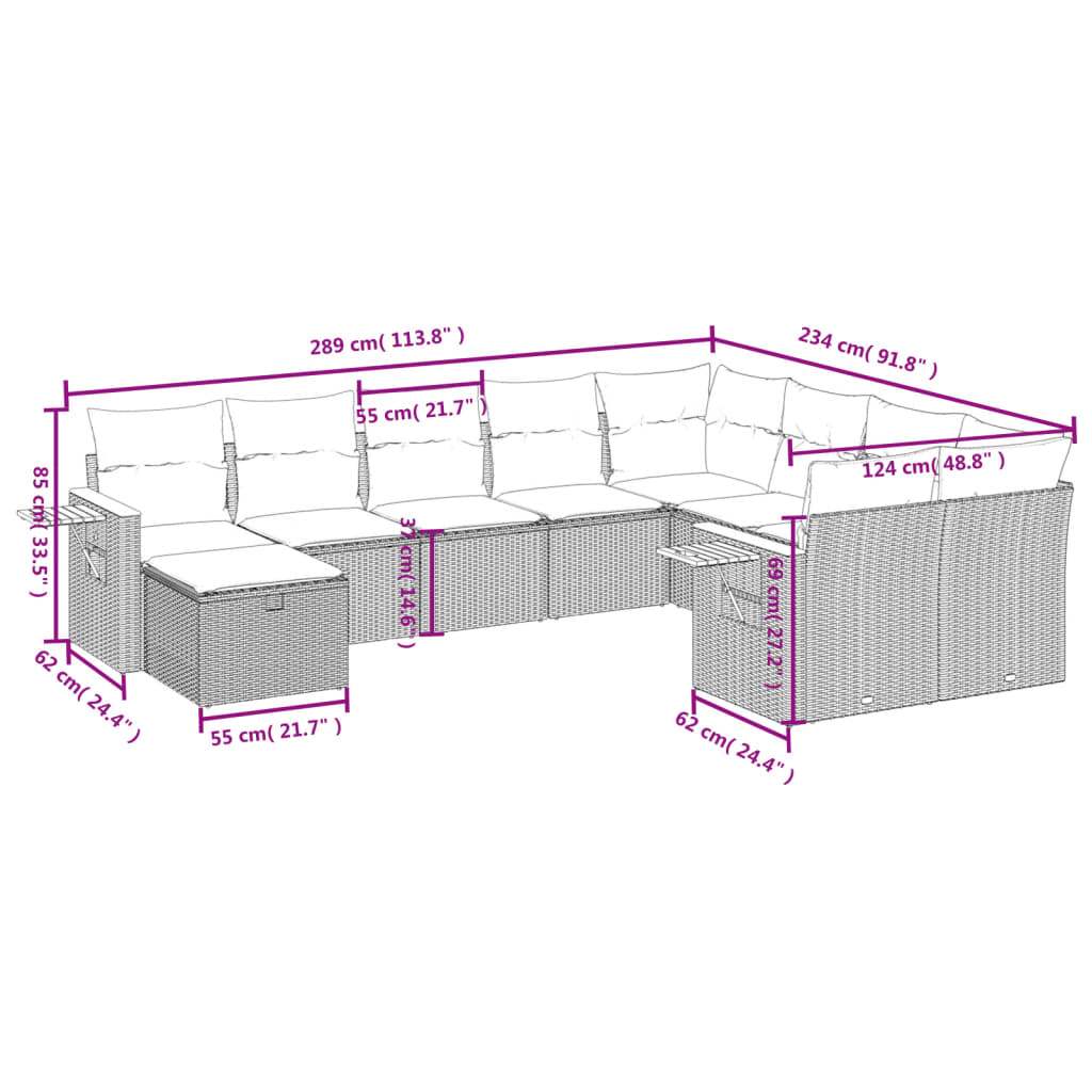 Set Divano da Giardino 10 pz con Cuscini Grigio in Polyrattan | homemem39