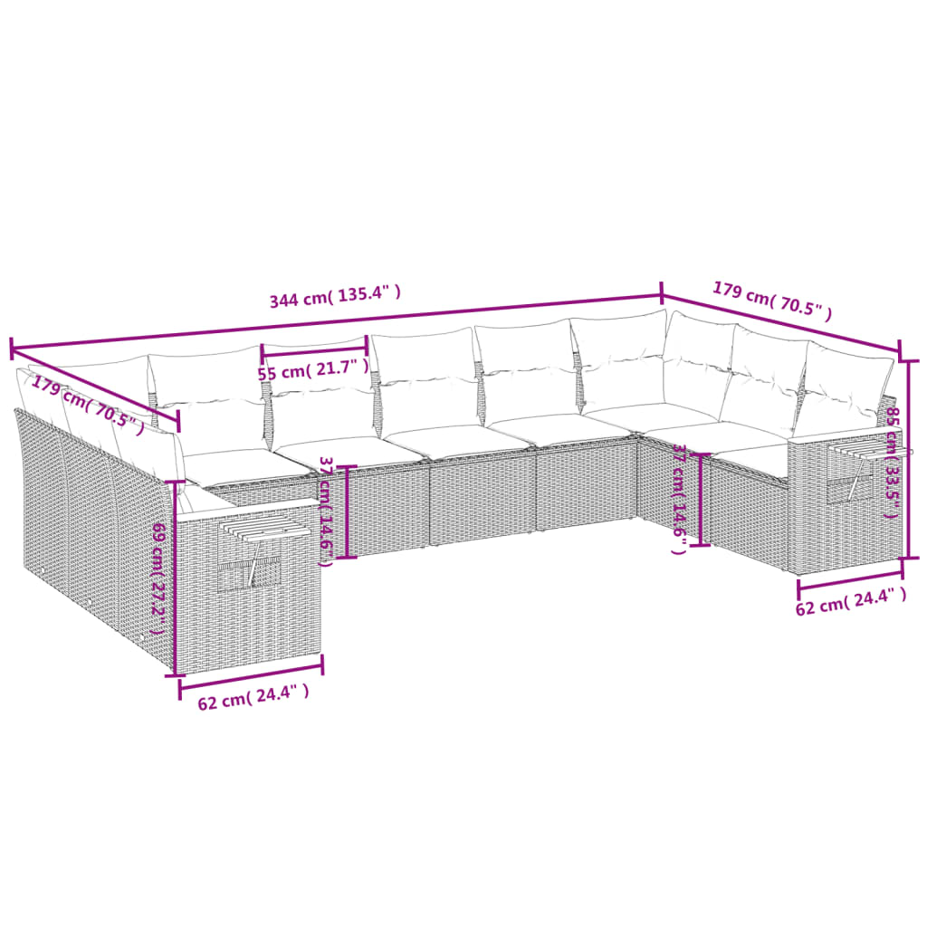 Set Divano da Giardino 10 pz con Cuscini Beige in Polyrattan | homemem39