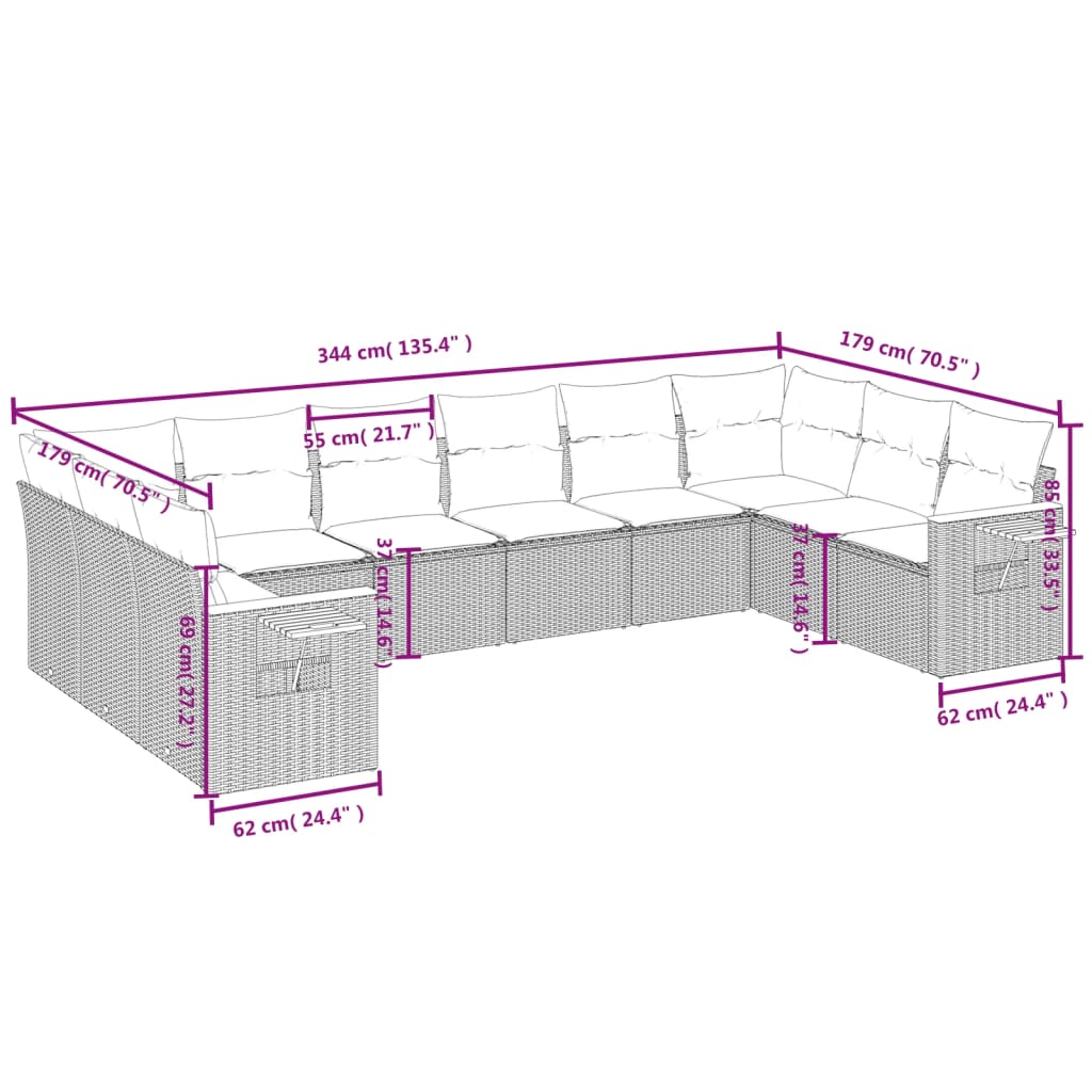 Set Divano da Giardino 10 pz con Cuscini Grigio in Polyrattan | homemem39