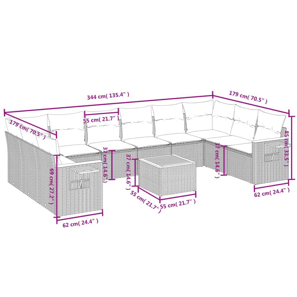 Set Divani da Giardino 11 pz con Cuscini in Polyrattan Nero
