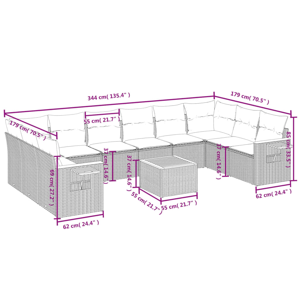 Set Divani da Giardino 11 pz con Cuscini Beige in Polyrattan | homemem39