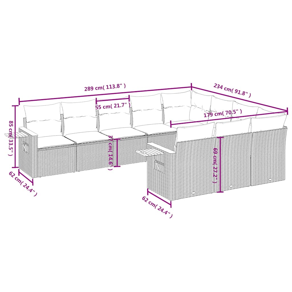 Set Divani da Giardino 10pz con Cuscini in Polyrattan Nero