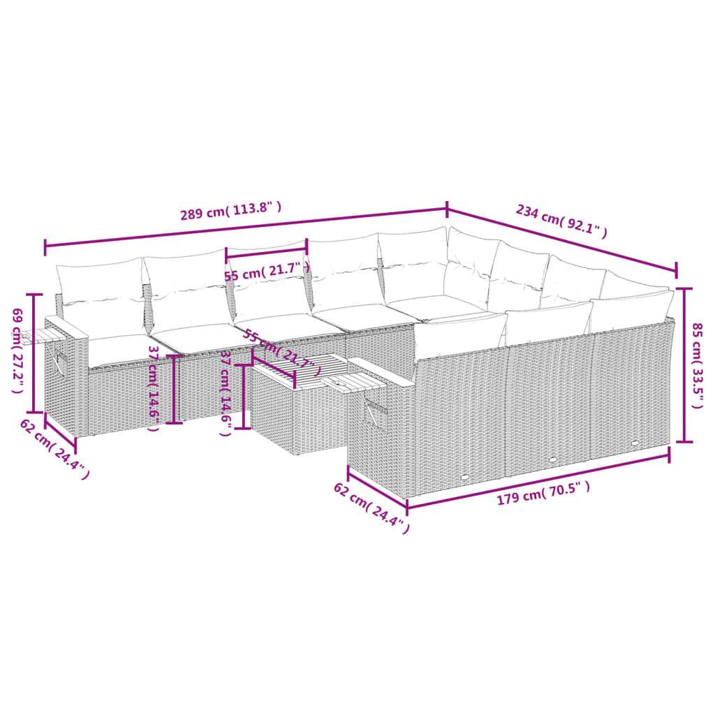 Set Divani da Giardino 11 pz con Cuscini in Polyrattan Nero | homemem39