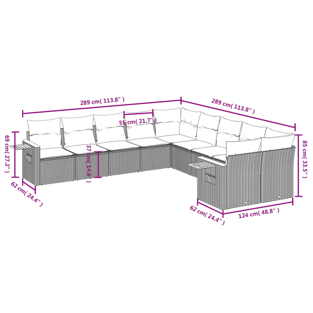 Set Divani da Giardino 10pz con Cuscini in Polyrattan Nero | homemem39