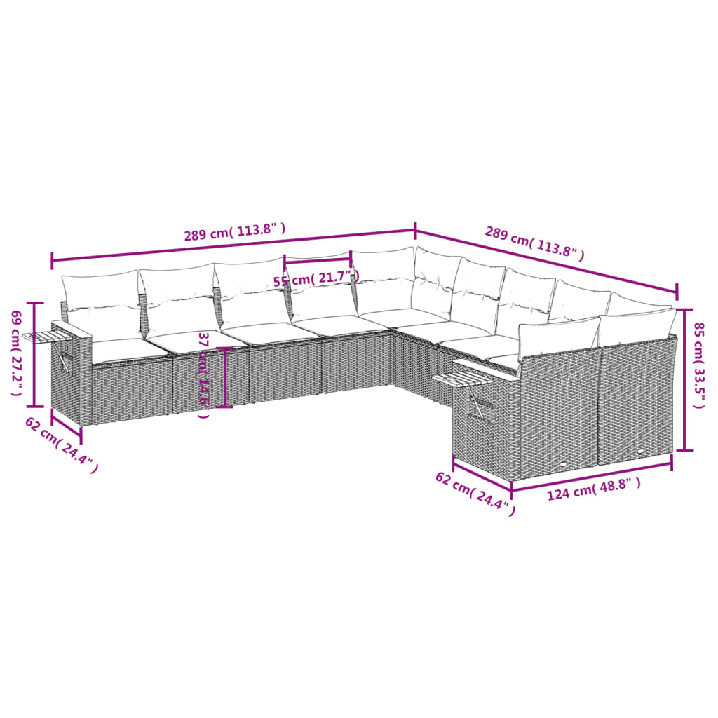 Set Divani da Giardino 10pz con Cuscini in Polyrattan Nero | homemem39