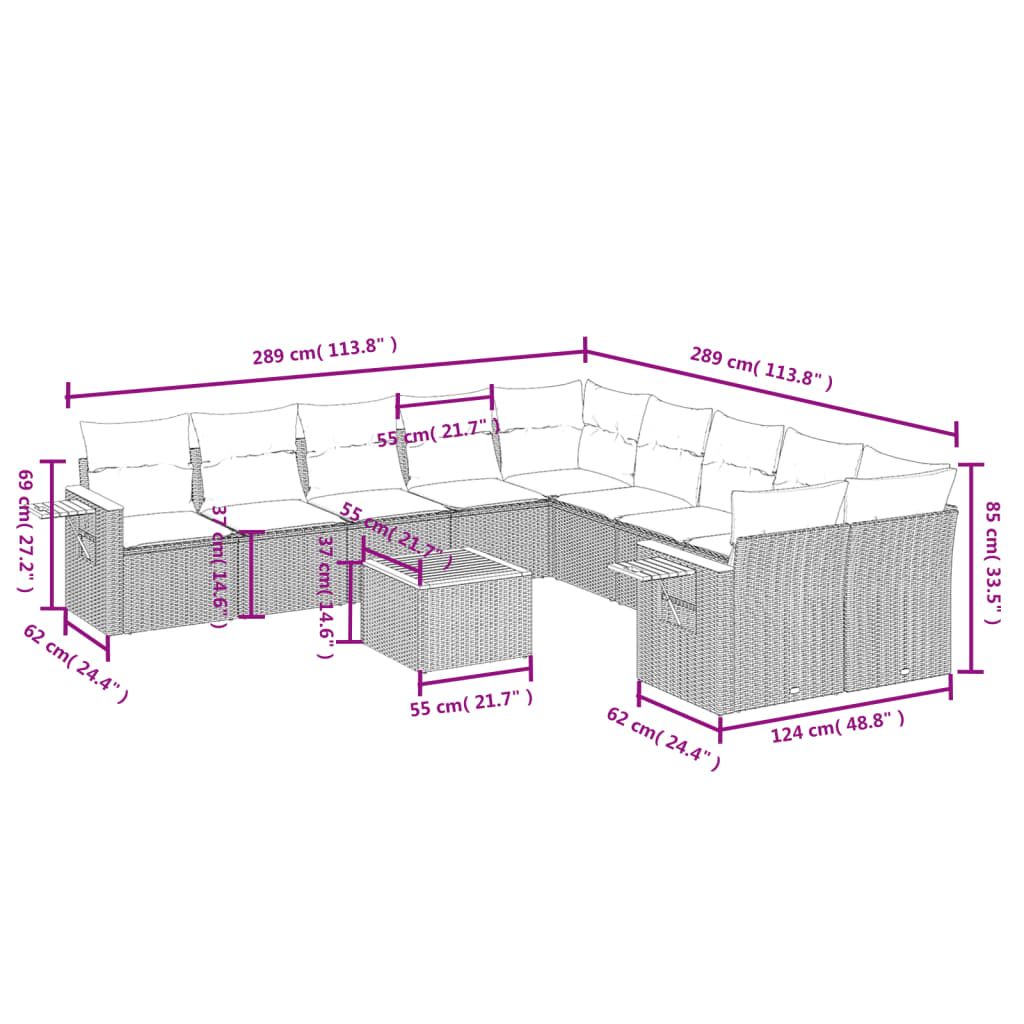 Set Divani da Giardino 11 pz con Cuscini in Polyrattan Nero