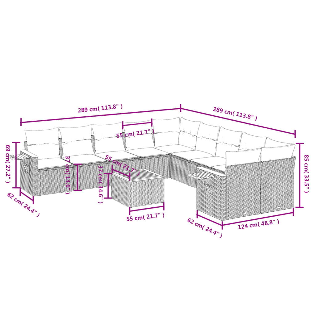 Set Divani da Giardino 11 pz con Cuscini in Polyrattan Grigio | homemem39