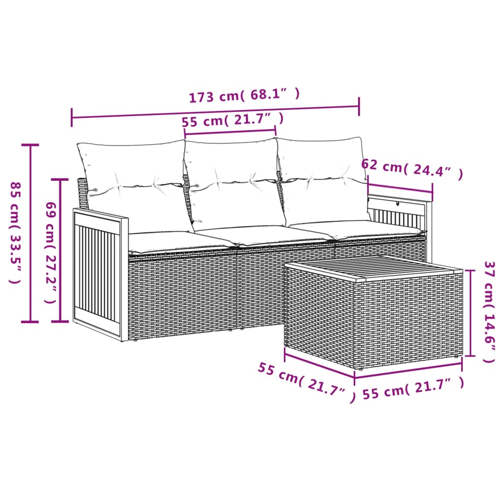 Set Divano da Giardino 4 pz con Cuscini Beige in Polyrattan