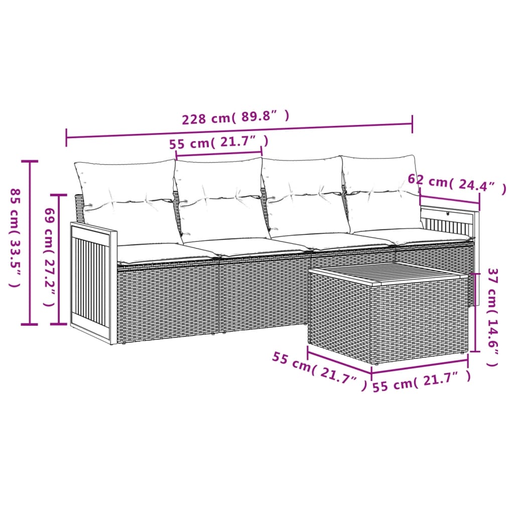 Set Divano da Giardino 5 pz con Cuscini Grigio in Polyrattan