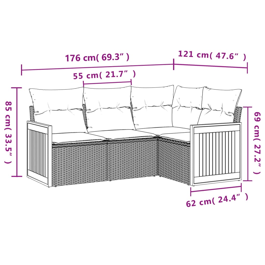 Set Divani da Giardino 4 pz con Cuscini in Polyrattan Grigio | homemem39