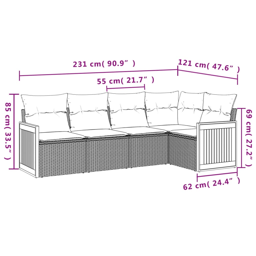 Set Divano da Giardino 5 pz con Cuscini Grigio in Polyrattan | homemem39