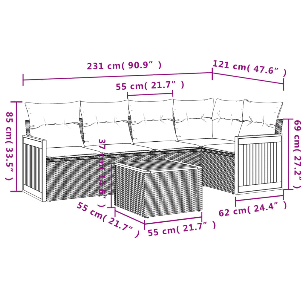 Set Divano da Giardino 6 pz con Cuscini Nero in Polyrattan | homemem39