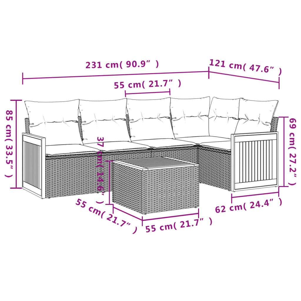 Set Divano da Giardino 6 pz con Cuscini Beige in Polyrattan | homemem39