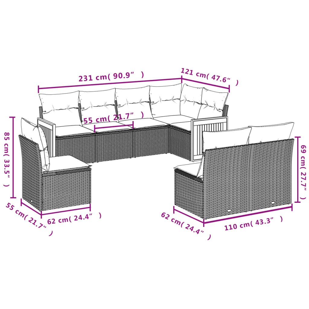 Set Divano da Giardino 8 pz con Cuscini Grigio in Polyrattan