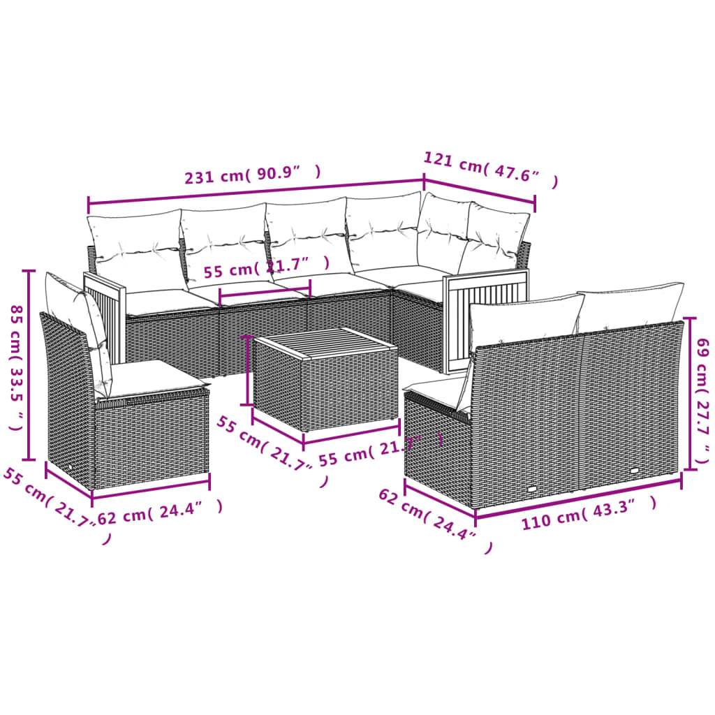 Set Divano da Giardino 9 pz con Cuscini Beige in Polyrattan | homemem39
