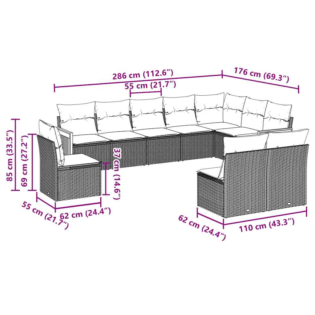 Set Divani da Giardino 10pz con Cuscini in Polyrattan Nero | homemem39