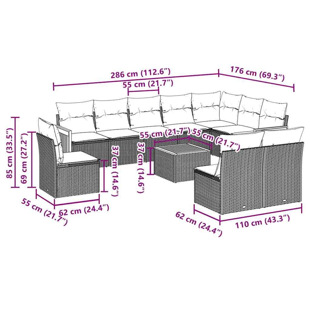 Set Divani da Giardino 11 pz con Cuscini in Polyrattan Nero | homemem39