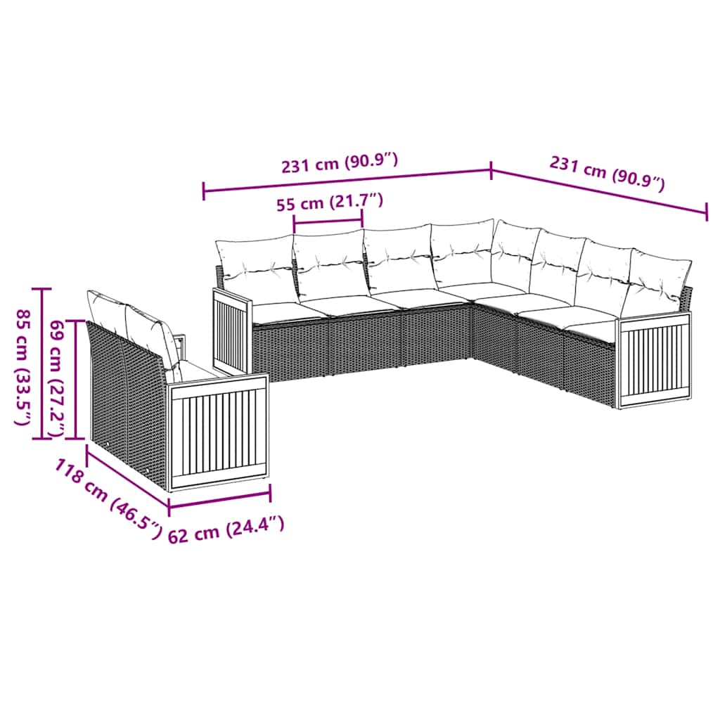 Set Divani da Giardino 9 pz con Cuscini Nero in Polyrattan