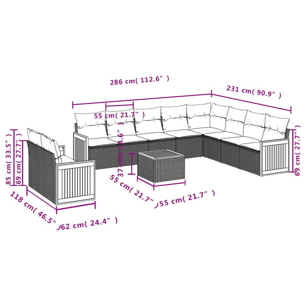 Set Divani da Giardino 11 pz con Cuscini in Polyrattan Nero | homemem39