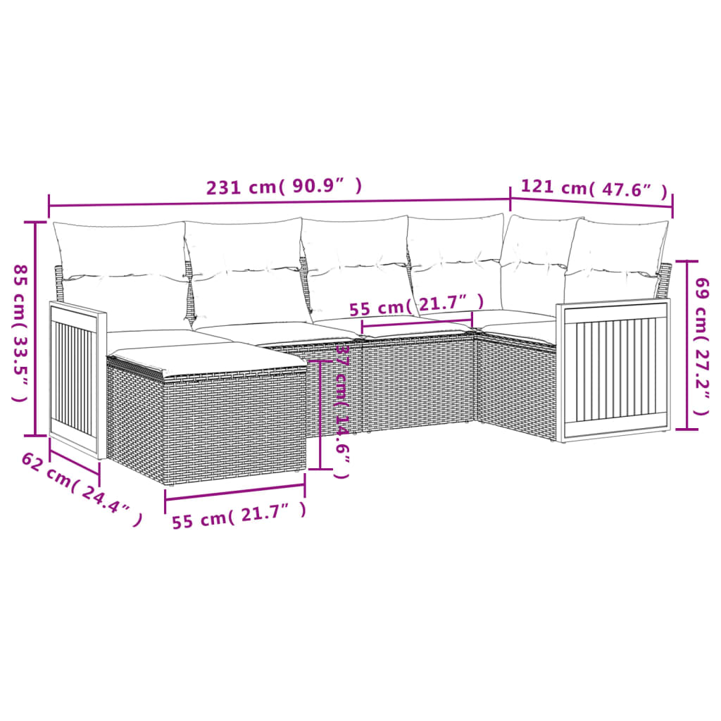 Set Divano da Giardino 6 pz con Cuscini Beige in Polyrattan