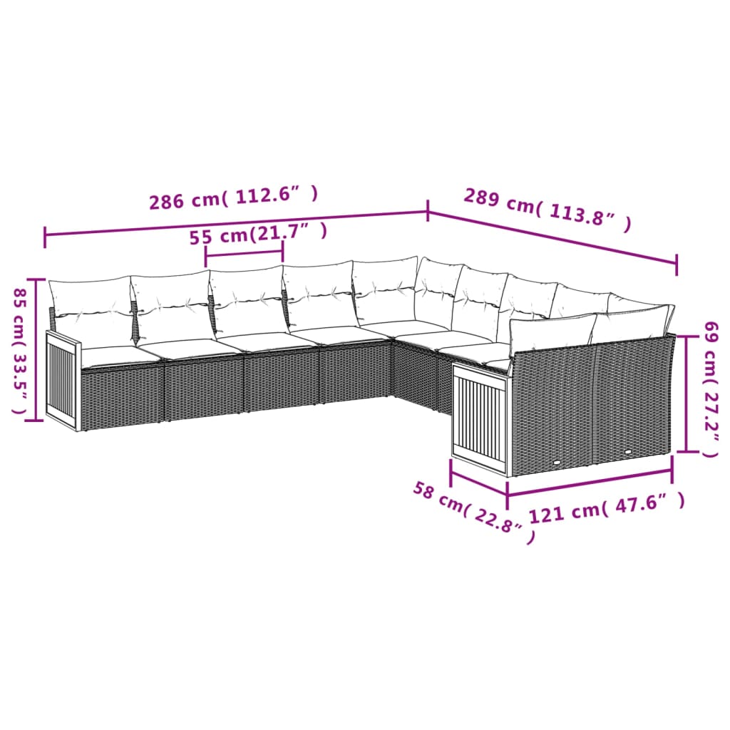 Set Divano da Giardino 10 pz con Cuscini Grigio in Polyrattan | homemem39