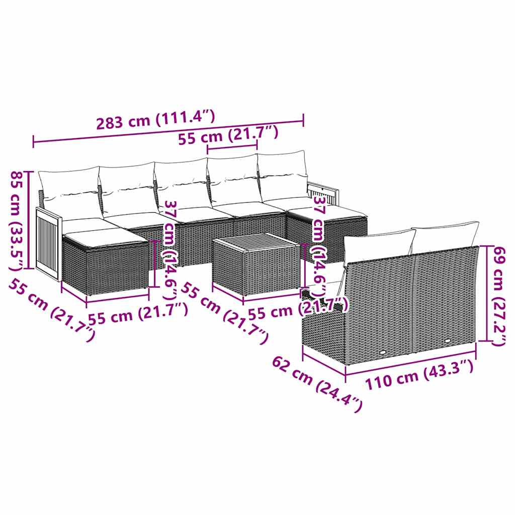 Set Divani da Giardino 10pz con Cuscini in Polyrattan Nero | homemem39