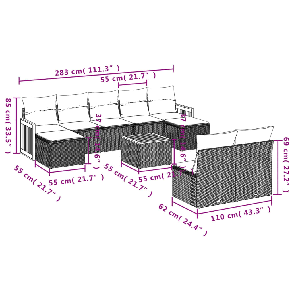 Set Divano da Giardino 10 pz con Cuscini Grigio in Polyrattan | homemem39