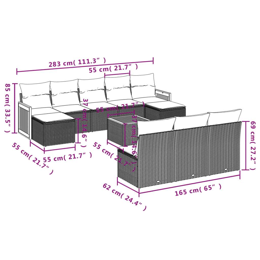 Set Divani da Giardino 11 pz con Cuscini in Polyrattan Grigio | homemem39
