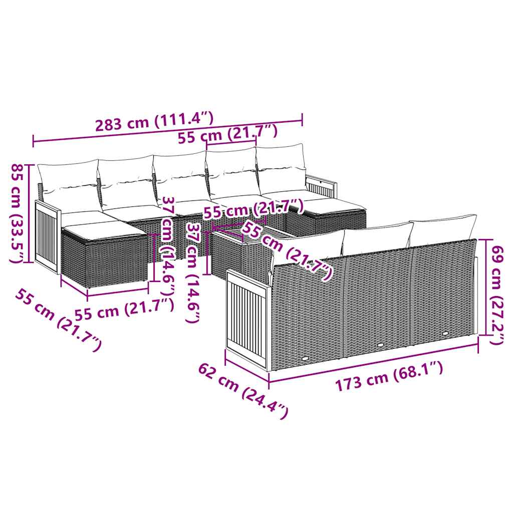 Set Divani da Giardino 11 pz con Cuscini in Polyrattan Nero