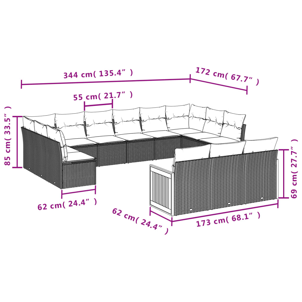 Set Divano da Giardino 13 pz con Cuscini Beige in Polyrattan
