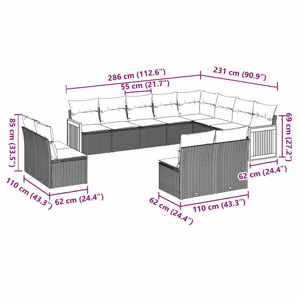 Set Divani da Giardino 12 pz con Cuscini Nero in Polyrattan | homemem39