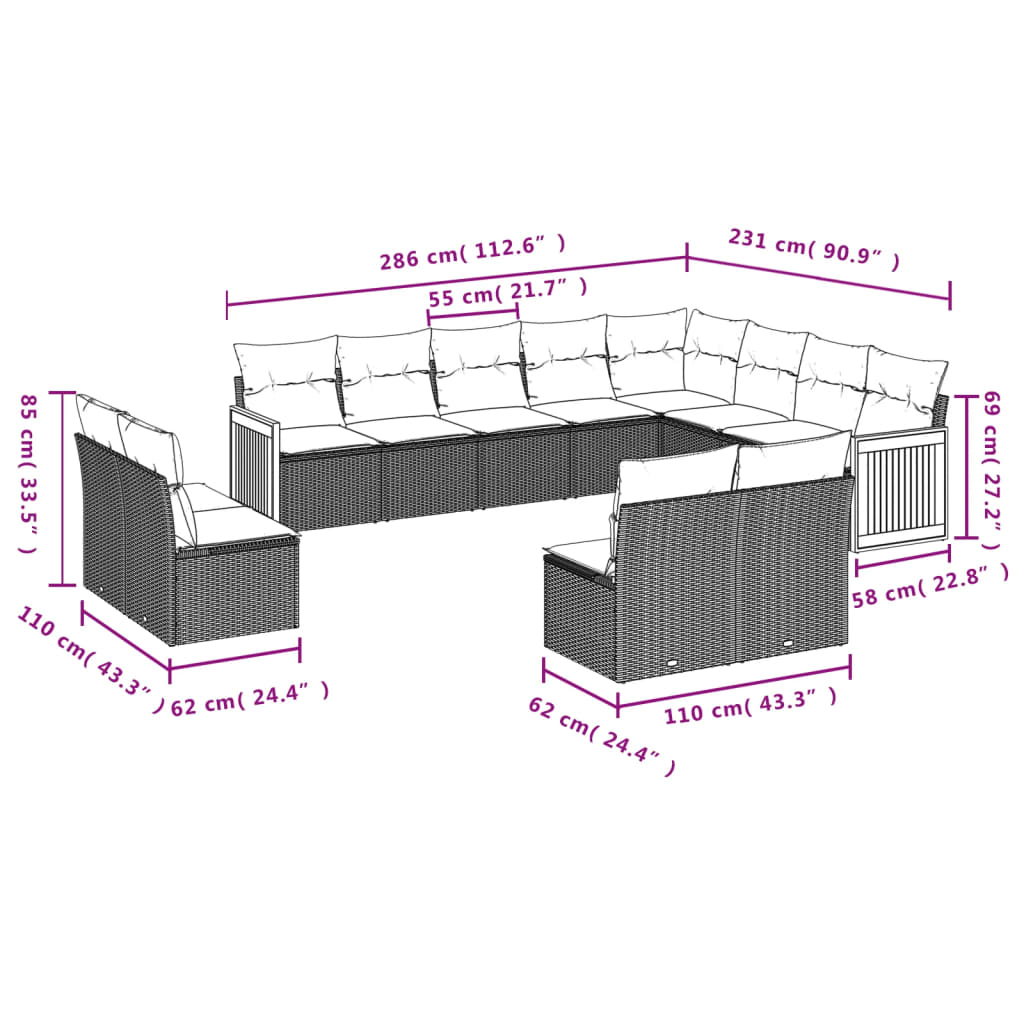 Set Divani da Giardino 12 pz con Cuscini Grigio in Polyrattan | homemem39