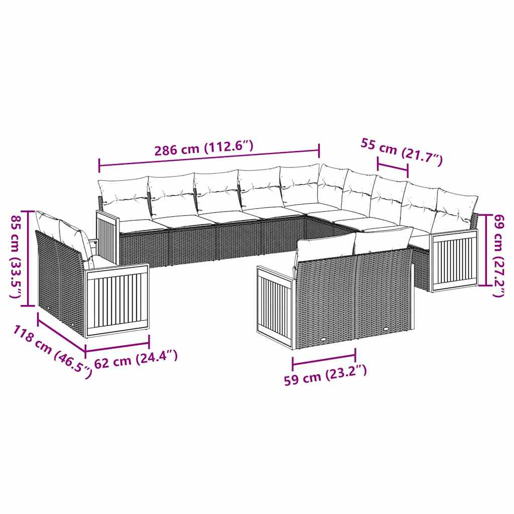 Set Divani da Giardino 13pz con Cuscini Nero in Polyrattan