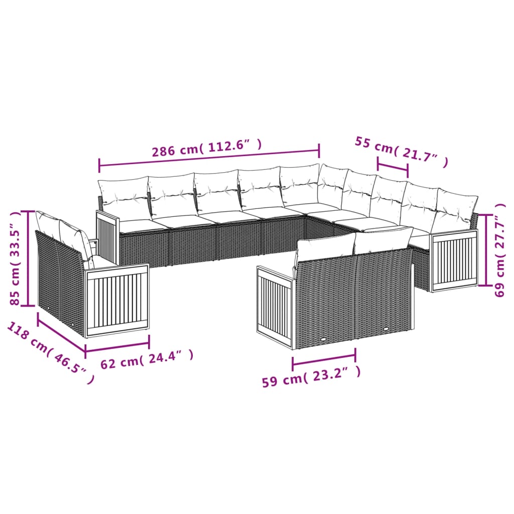 Set Divani da Giardino 13 pz con Cuscini Grigio in Polyrattan | homemem39