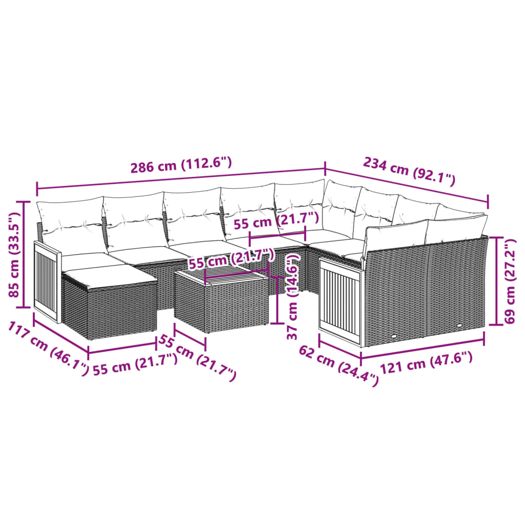Set Divani da Giardino 11 pz con Cuscini in Polyrattan Nero | homemem39