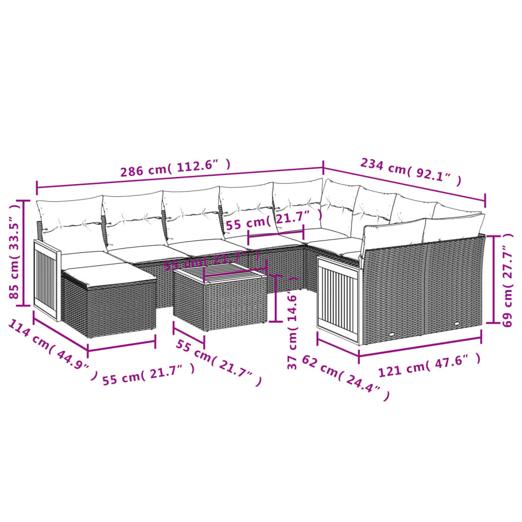 Set Divani da Giardino 11 pz con Cuscini in Polyrattan Grigio