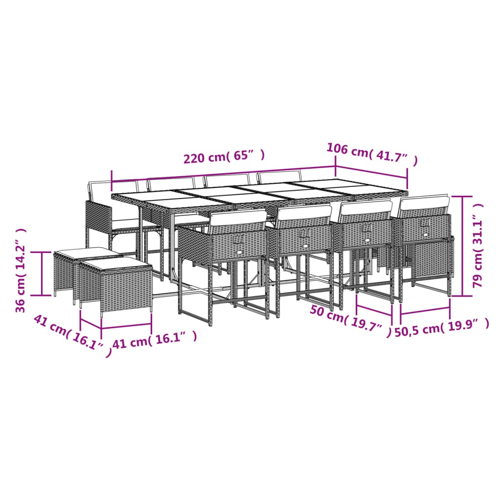 Set da Pranzo da Giardino 13pz con Cuscini Grigio in Polyrattan | homemem39