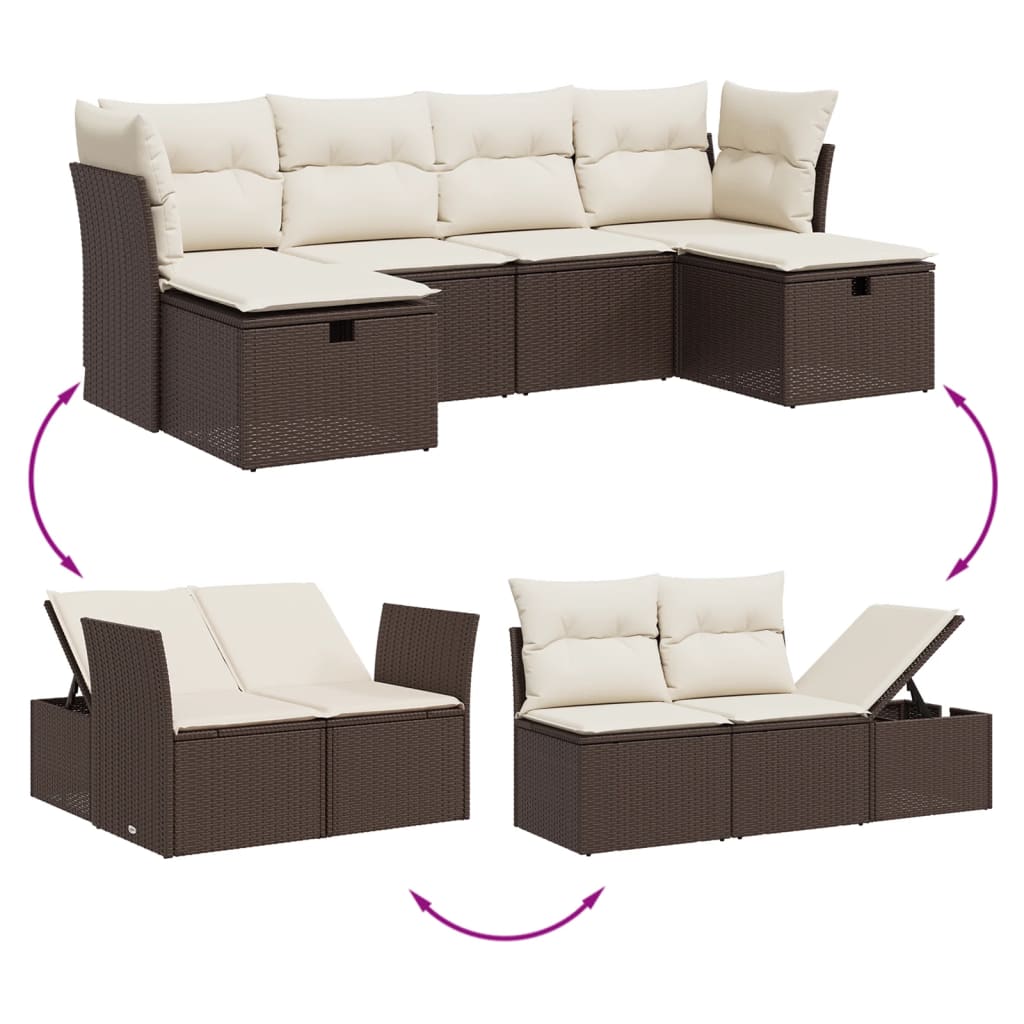 Set Divano da Giardino 6 pz con Cuscini Marrone in Polyrattan - homemem39