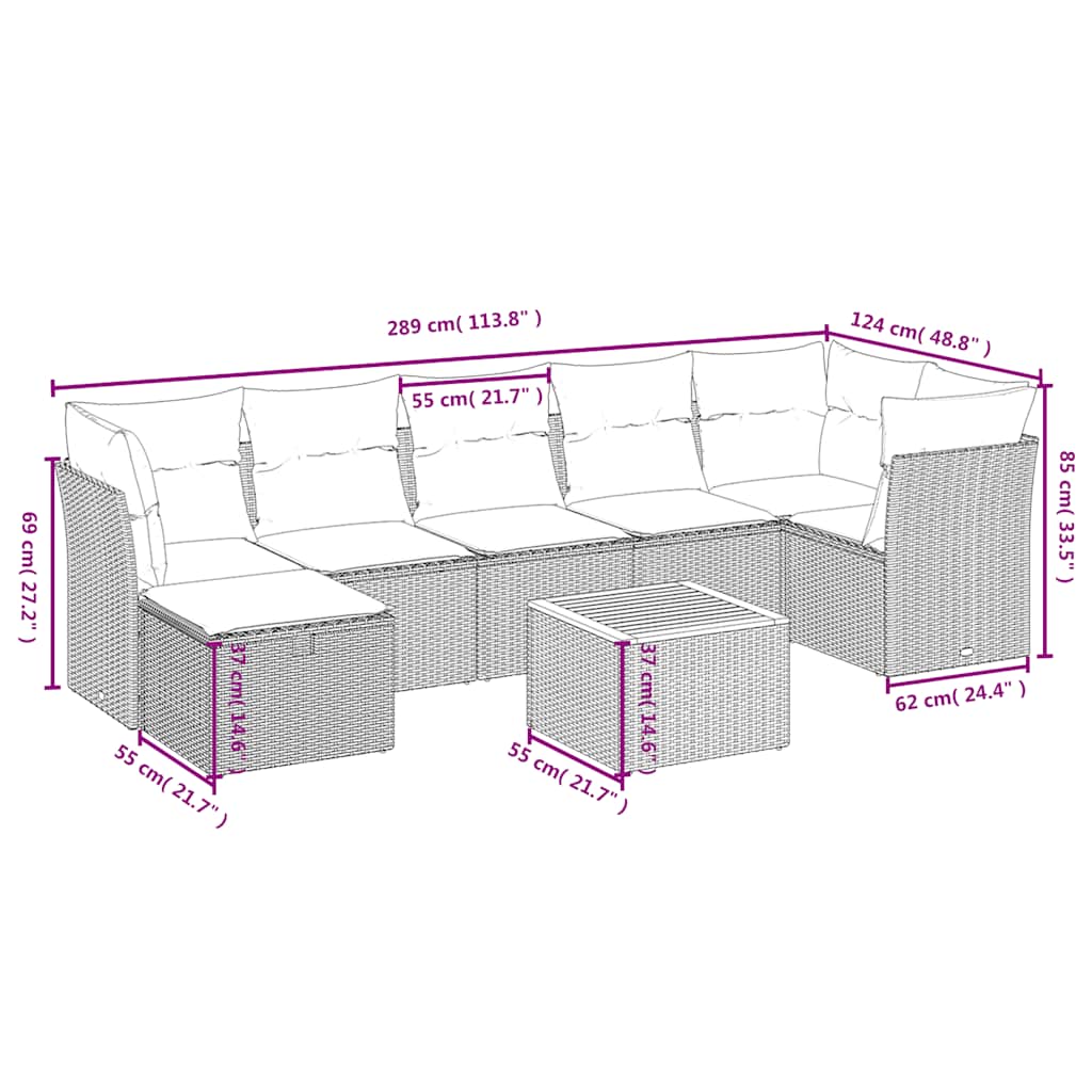 Set Divani da Giardino 8 pz con Cuscini Nero in Polyrattan
