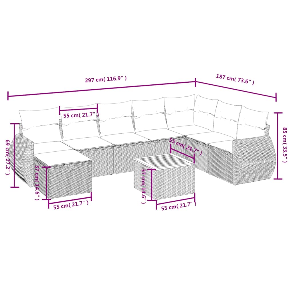 Set Divani da Giardino 9 pz con Cuscini in Polyrattan