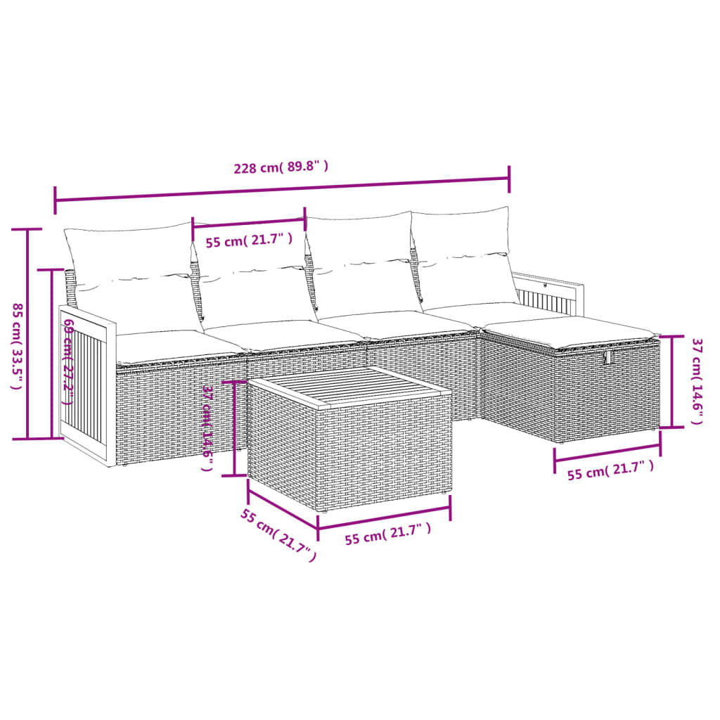 Set Divano da Giardino 6 pz con Cuscini Grigio in Polyrattan