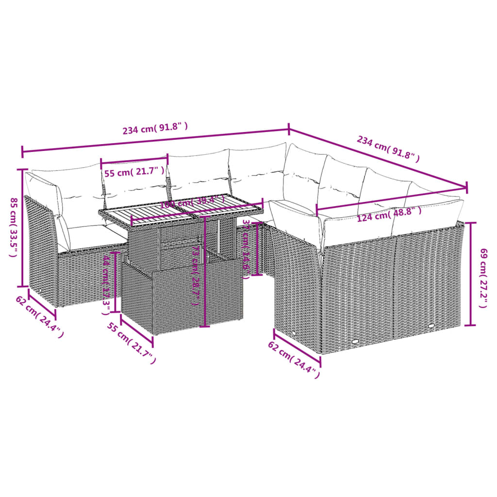 Set Divano da Giardino 9 pz con Cuscini Grigio in Polyrattan | homemem39
