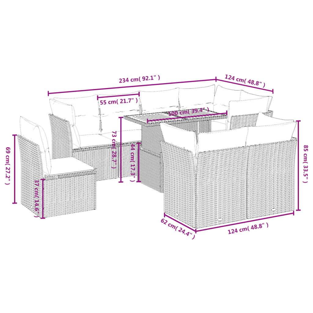 Set Divano da Giardino 9 pz con Cuscini Beige in Polyrattan | homemem39
