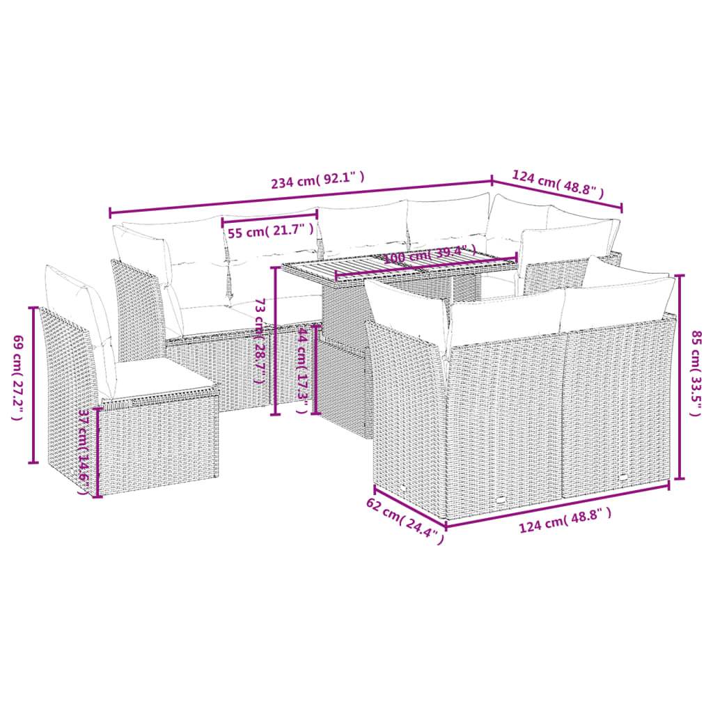 Set Divano da Giardino 9 pz con Cuscini Grigio in Polyrattan | homemem39
