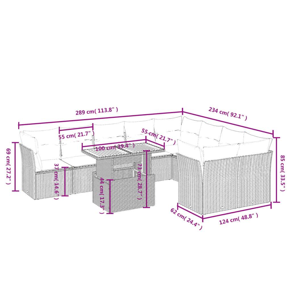 Set Divano da Giardino 10 pz con Cuscini Grigio in Polyrattan | homemem39